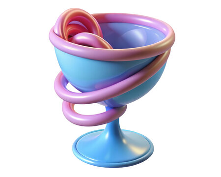 Abstract chalice sculpture with pink coil and blue design aesthetic art piece 3d illustration isolated on transparent background
