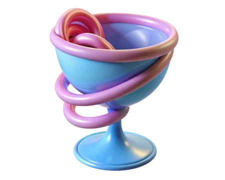 Abstract chalice sculpture with pink coil and blue design aesthetic art piece 3d illustration isolated on transparent background
