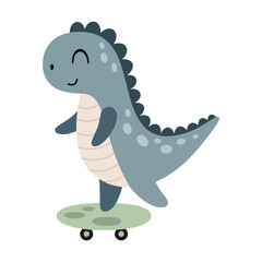 Cartoon blue dinosaur riding skateboard. Cool dino boy character. Vector illustration