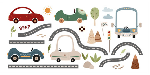 Cute transport clipart set with cars, roads and traffic elements. Vector illustration in cartoon style.