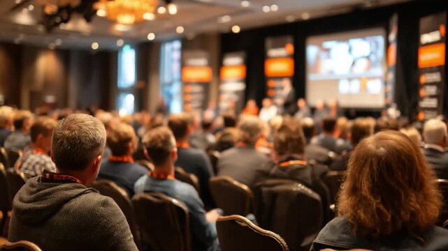 Conference Presentation: A large audience gathered to attend a professional conference, captivated by a presentation. The photo captures the atmosphere of learning and discussion.