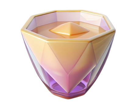 Abstract iridescent fluid in geometric vessel liquid pyramid shape shiny glass container art 3d illustration isolated on transparent background