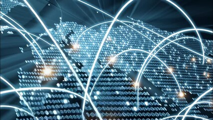 Luminous lines connecting major cities across a digital world map, symbolizing global data transfer, interconnectedness communication, and international video 4k - Powered by Adobe