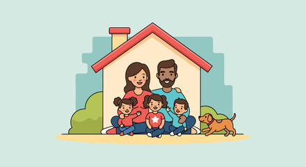 Happy diverse family illustration with parents, three children, and a dog at home, symbolizing security, love, and togetherness.