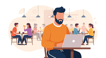 Bearded man works on a laptop in a vibrant cafe, symbolizing remote work, digital entrepreneurship, and flexible modern business.