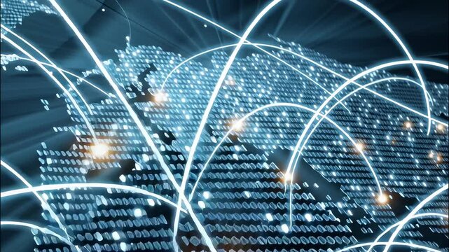 Luminous lines connecting major cities across a digital world map, symbolizing global data transfer, interconnectedness communication, and international video 4k - Powered by Adobe