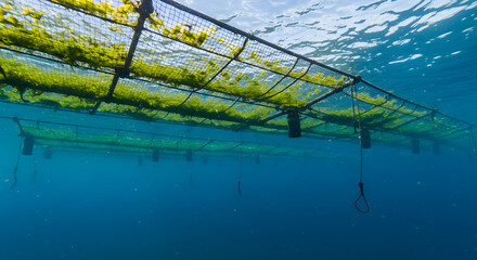 Underwater seaweed farm with green algae growing on suspended nets in clear ocean water