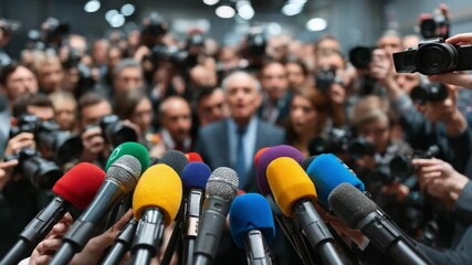 In the Spotlight: A speaker stands before an array of microphones, captured within a crowd of journalists, reporters, news, and the media, all eager to document and broadcast the unfolding narrative.