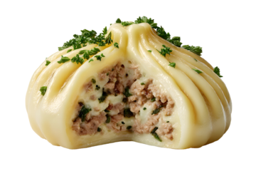 Delicious khinkali dumpling, traditional georgian dish, cut in half revealing meat filling