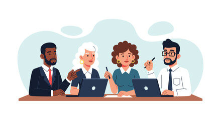 Diverse business professionals collaborate in a productive meeting, utilizing laptops and discussing ideas. Ideal for themes of teamwork, innovation, and corporate success.