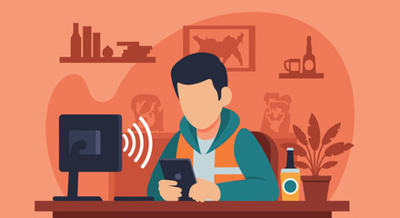 Person uses smartphone and computer, showing digital connectivity, remote work, or online communication in a casual home or office setting.