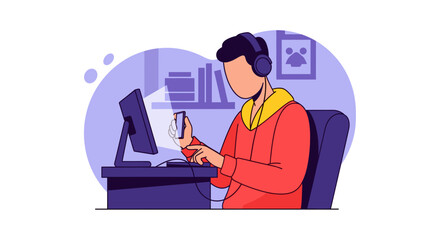 Focused person in headphones working remotely or studying online at a desk with a computer and smartphone. Represents digital communication, productivity, and modern lifestyle.