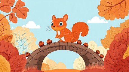 Squirrel on autumn bridge illustration