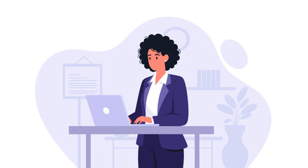 Professional businesswoman works diligently on a laptop at a modern office desk, embodying productivity and digital work life.