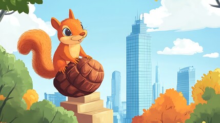 Squirrel on cityscape with autumn trees