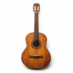 Light brown acoustic guitar against white background
