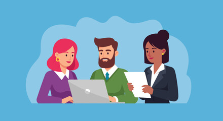 Diverse business team collaborating on a project with a laptop and documents. Represents modern teamwork, strategy, and professional success in a corporate setting.