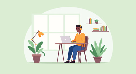 Young man working remotely on a laptop with headphones in a cozy home office, surrounded by plants. Ideal for business, remote work, and lifestyle concepts.