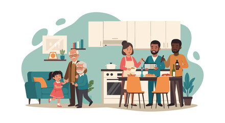 Happy multi-generational family cooking and gathering in a warm home, illustrating togetherness, joy, and domestic lifestyle.