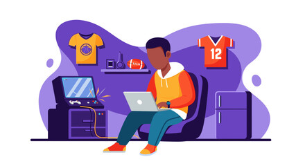 Young man enjoys leisure time at home, gaming and using a laptop in a vibrant, modern room with sports and tech themes. Represents casual lifestyle.