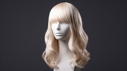 The elegant blonde wig showcased on a modern mannequin against a dark backdrop.