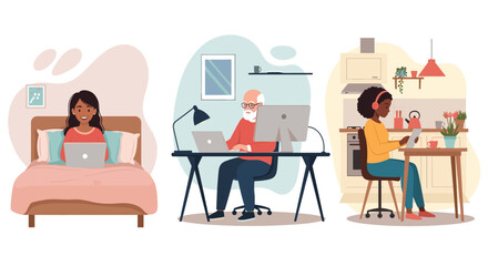 Fototapeta premium Diverse people working remotely from home in various comfortable settings: a young woman in bed, a senior man at a desk, and a woman in the kitchen. Illustrates modern flexible work life.