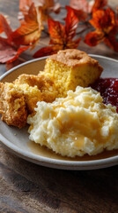 Mashed potatoes with gravy, cornbread, and cranberry sauce on plate