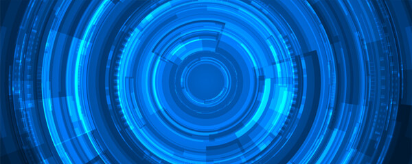 Futuristic digital interface with glowing blue circular HUD design, tech circuit background, and abstract data visualization for sci-fi, cybersecurity, or high-tech concepts.