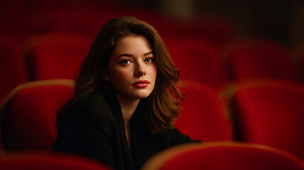 Confident young woman sitting alone under dramatic spotlight surrounded by rows of red velvet seats like in a movie theater