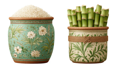 Decorative Pots with Rice and Bamboo Sticks on Transparent Background