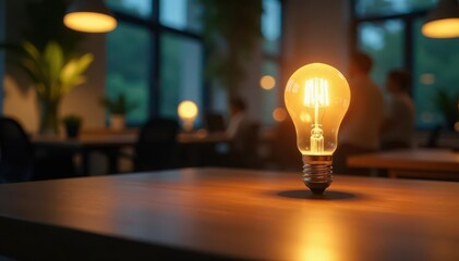 Bright office lunch, lightbulb illuminates table, food, fruit