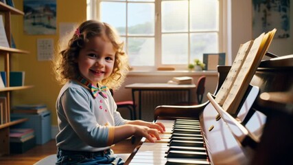 Adorable little girl playing piano in a bright room, looking at camera and smiling - Powered by Adobe