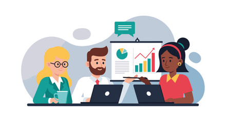 Diverse business team collaborating in an office meeting, analyzing market data and strategizing for financial growth and success.