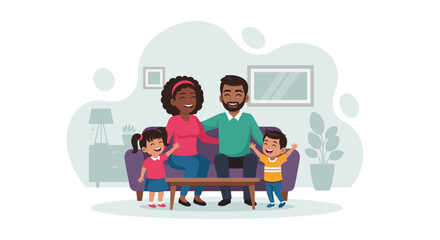 Cheerful diverse family with two children enjoying happy moments together at home in their cozy living room. Perfect for concepts of family life, parenting, and togetherness.