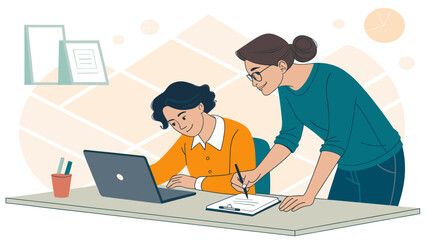 Two smiling professional women collaborate in a modern office, working on a laptop and reviewing documents. Ideal for business, teamwork, and mentorship concepts.