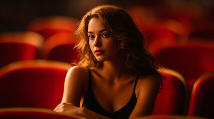 Confident young woman sitting alone under dramatic spotlight surrounded by rows of red velvet seats like in a movie theater