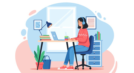 Young woman happily working from home at her desk with a laptop and headphones, enjoying a productive remote work lifestyle.
