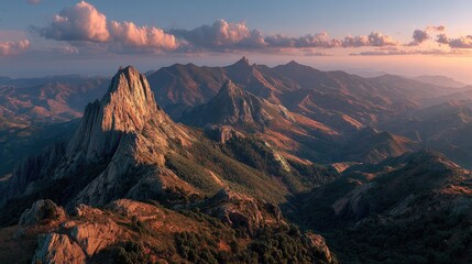 Naklejka premium and keyword list based on the imageRugged Mountain Range at Sunrise, Scenic Landscape in Highland Region.