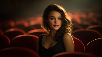 Confident young woman sitting alone under dramatic spotlight surrounded by rows of red velvet seats like in a movie theater