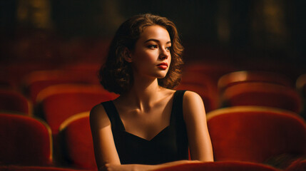 Confident young woman sitting alone under dramatic spotlight surrounded by rows of red velvet seats like in a movie theater