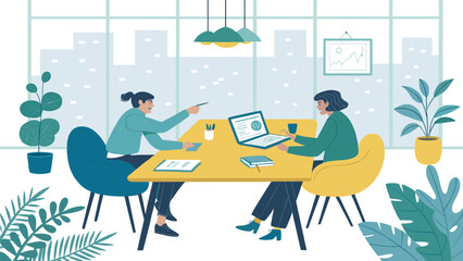Professional women discussing work in a contemporary office, fostering collaboration and achieving business goals.