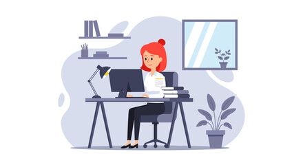 Happy professional woman focused on her computer work in a modern office or home office setting, illustrating productivity and remote work.