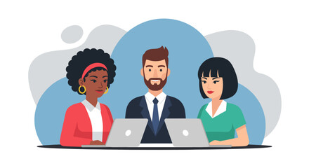 Diverse business professionals collaborating with laptops. Represents teamwork, productivity, and modern corporate work environment.