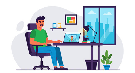 Man working remotely from his home office, participating in a video conference call on his laptop. Illustrates modern professional lifestyle, telecommuting, and virtual communication.