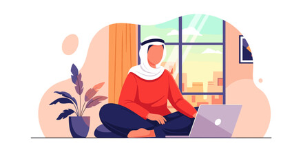 Arab man in traditional headwear working remotely on laptop at home. Modern lifestyle, online business, and global connectivity. Ideal for technology, remote work, or cultural themes.