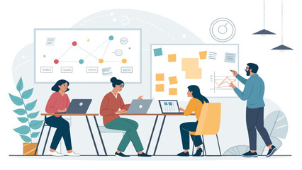 Business team collaborating on a project in a modern office, analyzing data and charts on whiteboards and laptops. Ideal for corporate productivity and strategy.