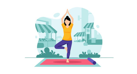 Woman practicing a balancing yoga tree pose outdoors on a mat, symbolizing wellness, mindfulness, and a healthy, serene lifestyle. Perfect for health and fitness content.