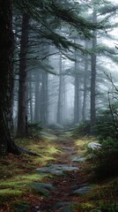 Obraz premium Forest path disappearing into mist, surrounded by tall trees. Mossy ground, dark moody scene