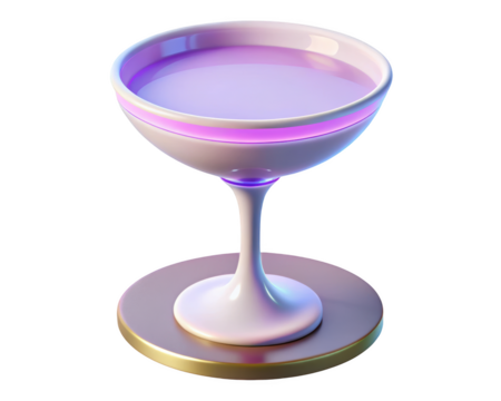 Elegant coupe glass with pink drink and neon highlights on gold base 3d illustration isolated on transparent background