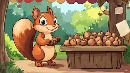 Squirrel selling nuts at market stall